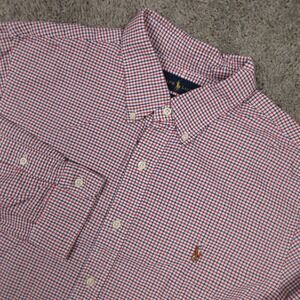 Ralph Lauren Shirt Mens XL Red Plaid Slim Oxford Cloth Flesh Pony Logo Button Up